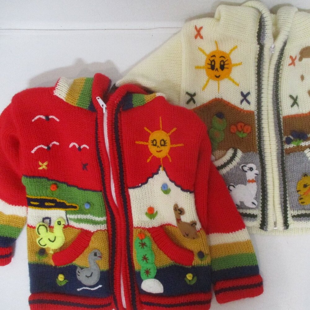 LOT 2 knit applique super cute hooded baby sweater ivory red UNISEX